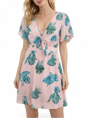 Pink lily palm print dress